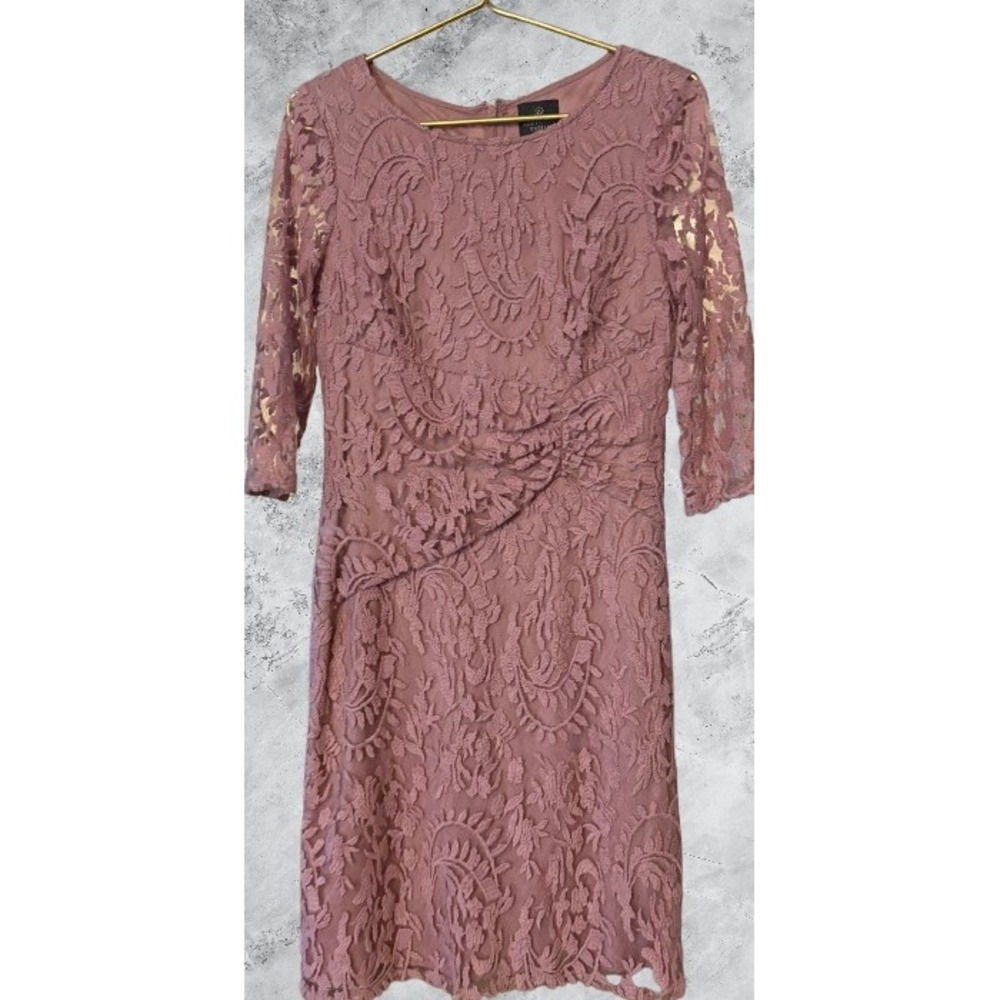 Adrianna Papell Women Pink Floral Lace Faux Wrap Sheath Dress Size 10 3/4 Sleeve
